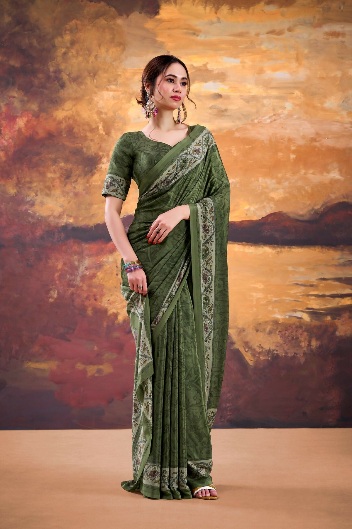 Vastranavya Mehendi Crepe Printed Saree with Unstitched Blouse | Grocsy