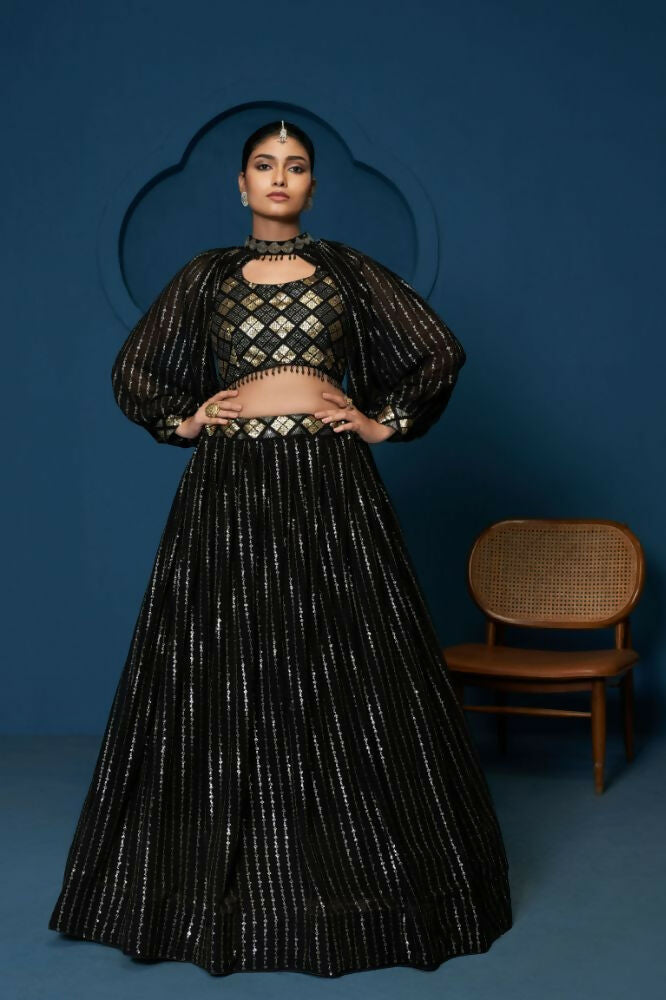 Black Sequence Work Georgette Crop Top Type Full Sleeve Lehenga Choli - Jihu Culture | Grocsy