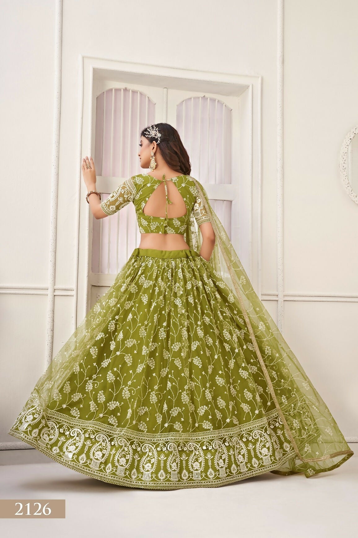 Eilara Women'S Olive Green Butterfly Net Embroidered Thread Work Party Wear Lehenga Choli | Grocsy