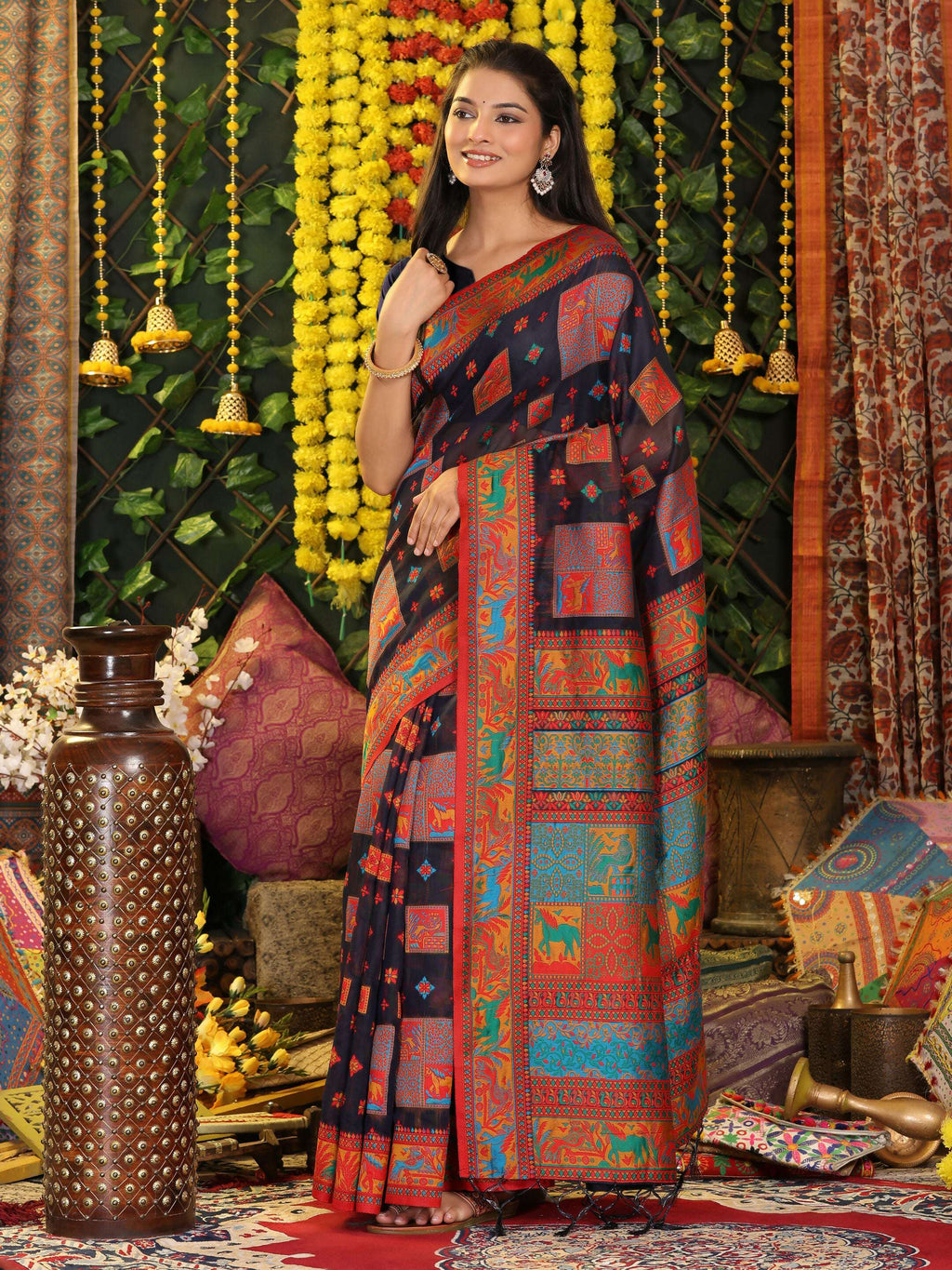 Shree Shyam Fashion Linen Cotton Navy Blue Saree | Grocsy