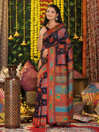 Shree Shyam Fashion Linen Cotton Navy Blue Saree | Grocsy