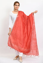 Mominos Fashion Moeza Women's Linen Cotton Silver Border Red Dupatta | Grocsy