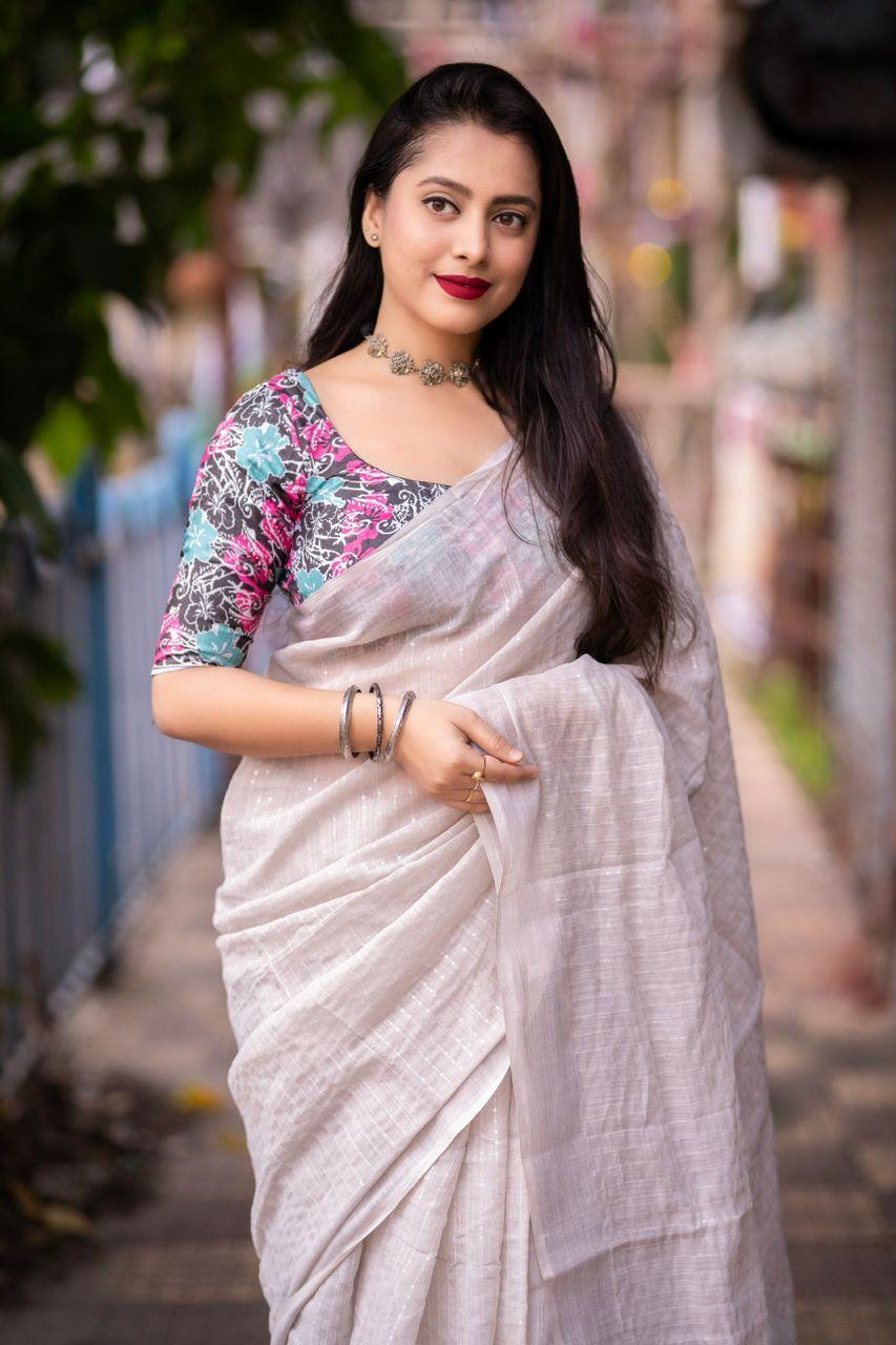 Grey Linen Sequence Saree with Unstitched Blouse - Hiral Fashion | Grocsy