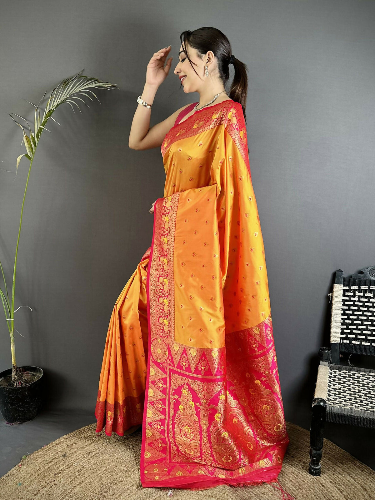 Joban Fashion Orange Intricate Motifs Soft Silk Banarasi Saree | Grocsy