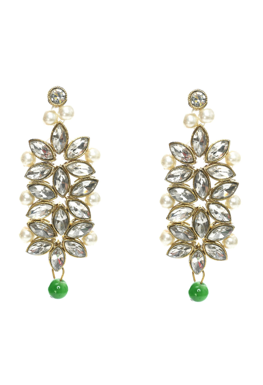 Mominos Fashion Johar Kamal Gold-Polished Rani Haar with Green and Off white Pearls Jewellery Set