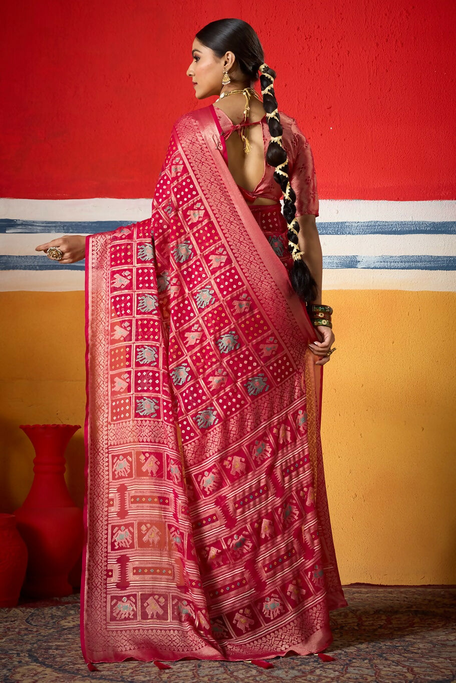 Joban Fashion Pink Dull Moss Brasso Saree | Grocsy