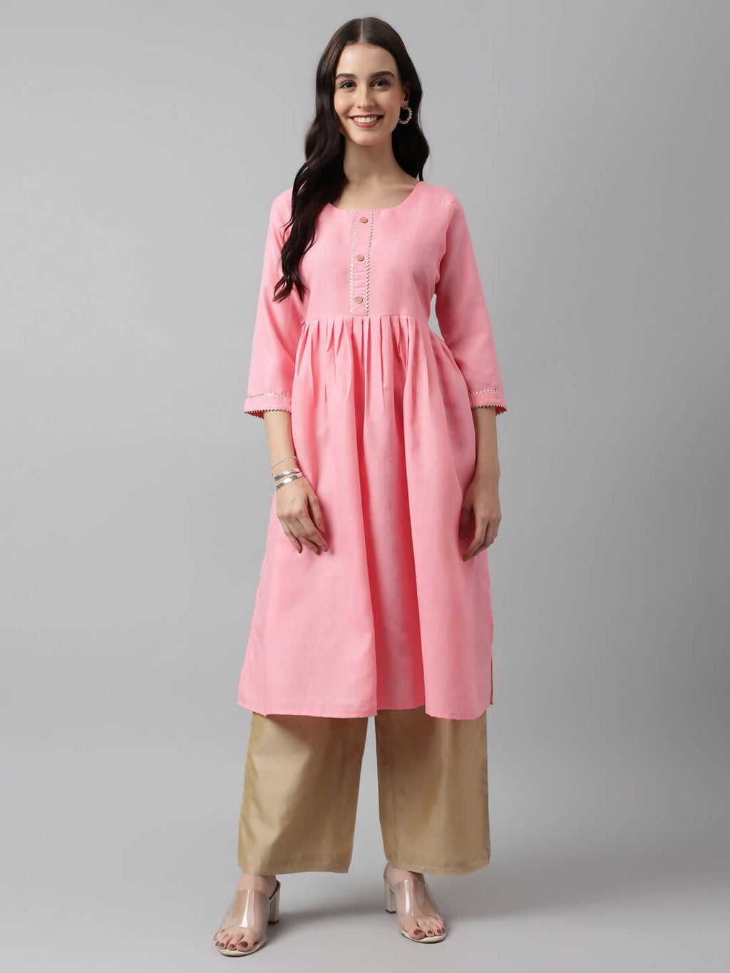 Pink Poly Cotton Solid Nayra Cut Kurta - Tirtha | Grocsy