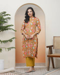 Vaasva Women Mustard Cotton Printed Straight Kurti With Pant | Grocsy
