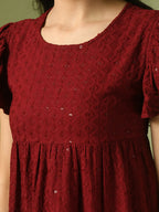 Myshka Women's Maroon Embroidered Cotton Round Neck A-Line Party Dress | Grocsy