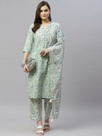 Miravan Women's Floral Printed Angrakha Pure Cotton Kurta With Palazzo & Dupatta Set | Grocsy