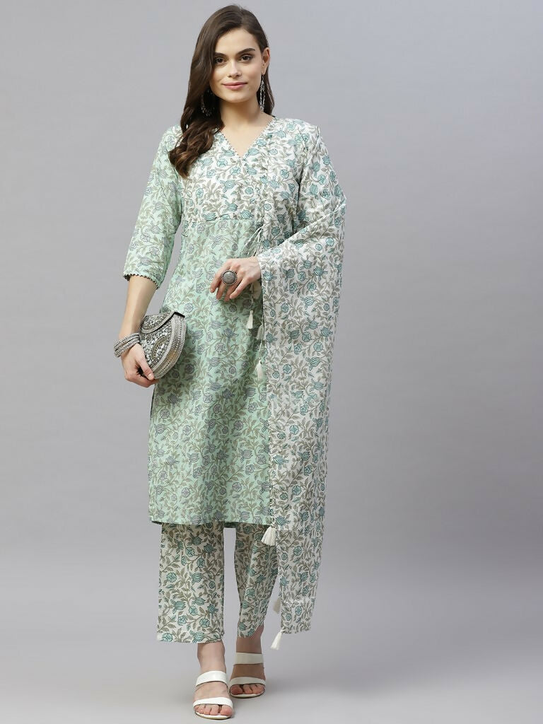 Miravan Women's Floral Printed Angrakha Pure Cotton Kurta With Palazzo & Dupatta Set | Grocsy