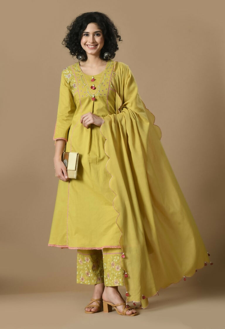 Joban Fashion Mehendi Cotton Kurta Set | Grocsy