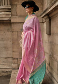 Cherry Blossom Pinksoft Handloom Sik Zari & Thread Work, Contrast Pallu Saree - Rajtex Kube Silk | Grocsy