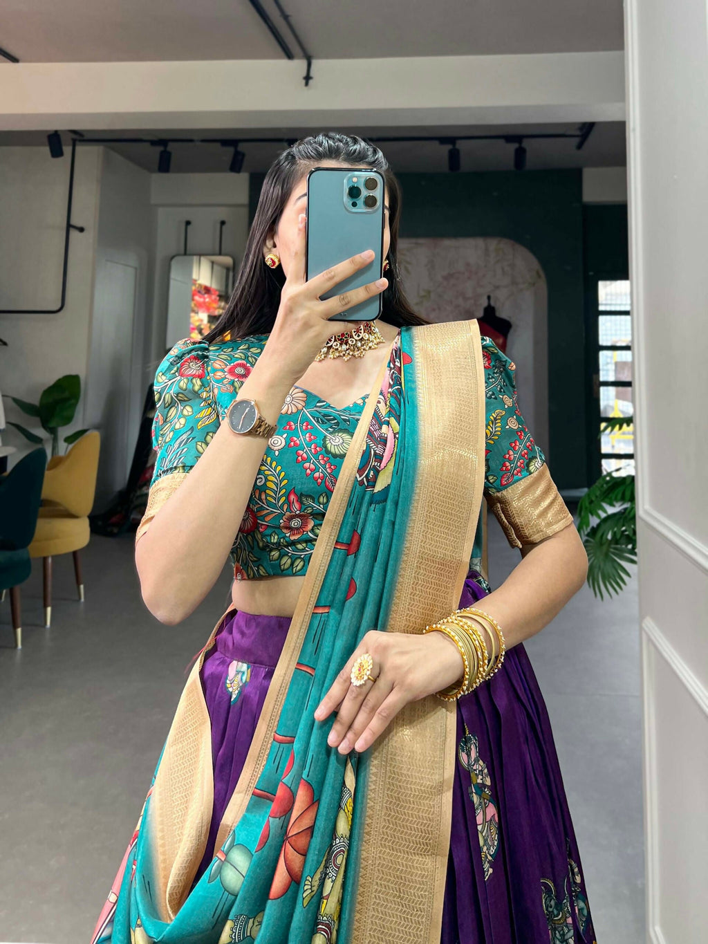 Vastranavya Kalamkari Print With Weaving Border Lehenga with Unstitched Blouse - Purple | Grocsy