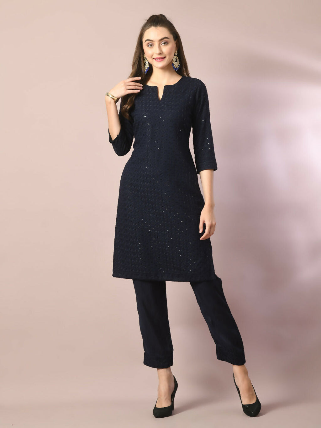 Myshka Women's Navy Blue Embroidered Cotton Straight Party Kurta Set | Grocsy