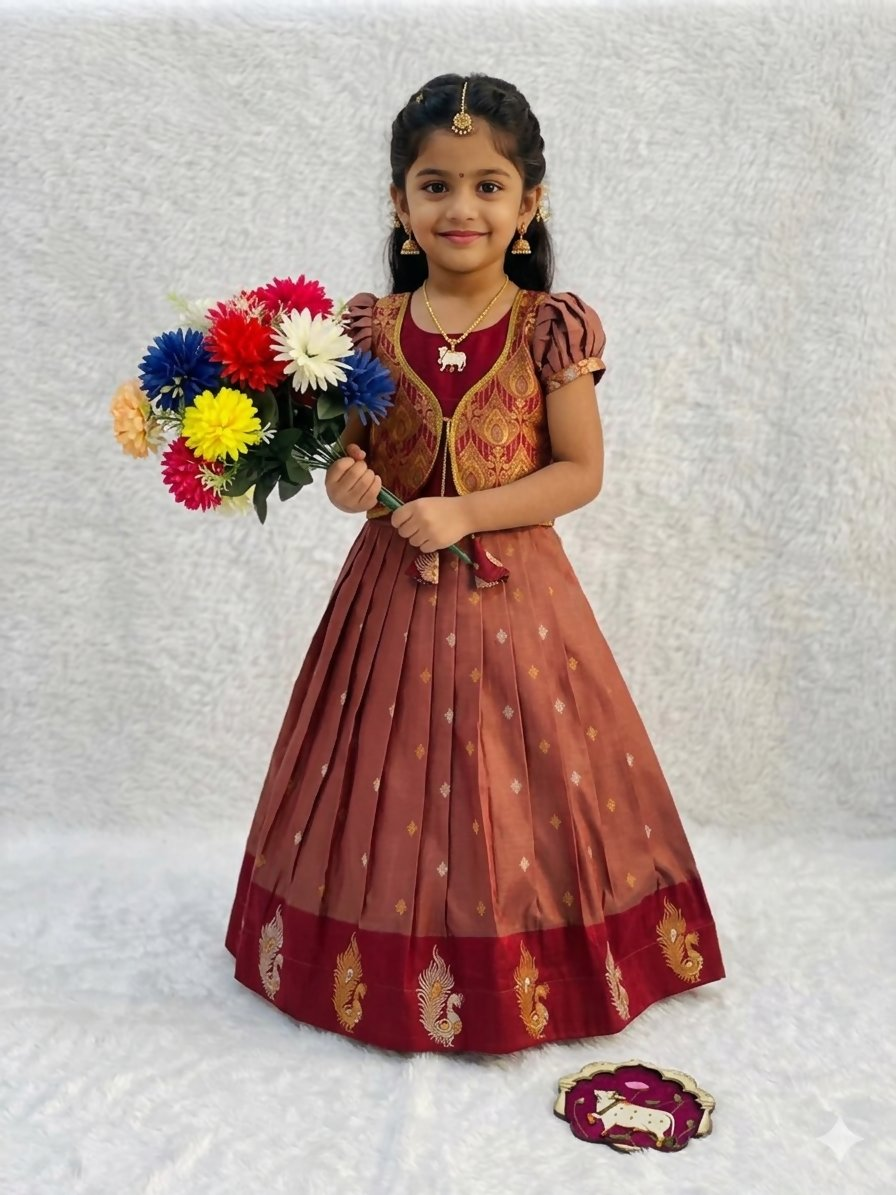 Teeya Creation Girls Rust Red Silk Traditional Langa Voni Lehenga Set With Koti Jacket-Red | Grocsy