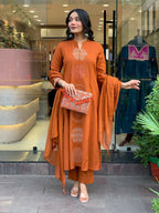 The52 Orange Women's Gorgeous Chanderi Fabric Embroidered Work Straight Kurta Pant and Dupatta Set | Grocsy