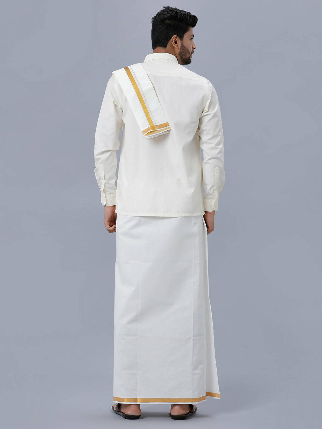 Ramraj Cotton Premium Wedding Cream Readymade Dhoti, Shirt & Towel Set Dhanvanthri | Grocsy