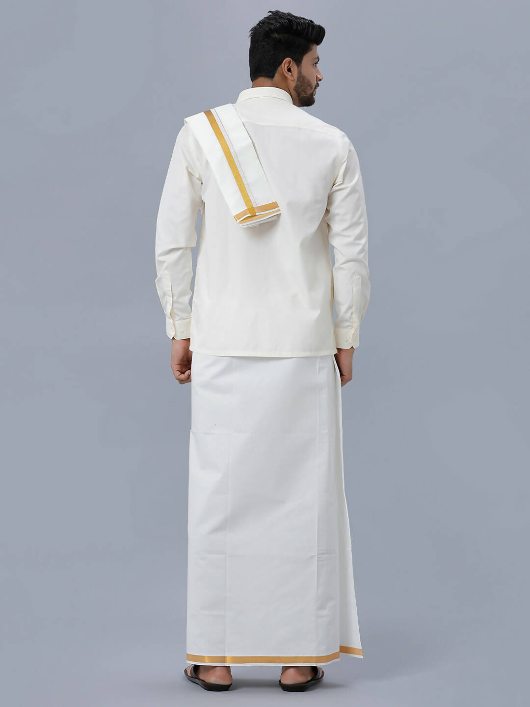 Ramraj Cotton Premium Wedding Cream Readymade Dhoti, Shirt & Towel Set Dhanvanthri | Grocsy
