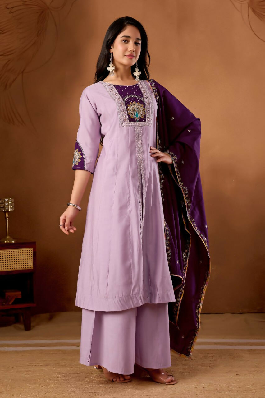 Lehenga Mart Designer Front-Slit Kurta, Paired With Wide-Leg Palazzo Pants And A Dupatta.-Lavender | Grocsy