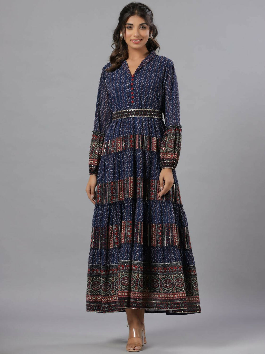 Juniper Women Navy Blue Georgette Printed Tiered Maxi Dress | Grocsy