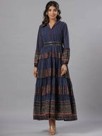Juniper Women Navy Blue Georgette Printed Tiered Maxi Dress | Grocsy