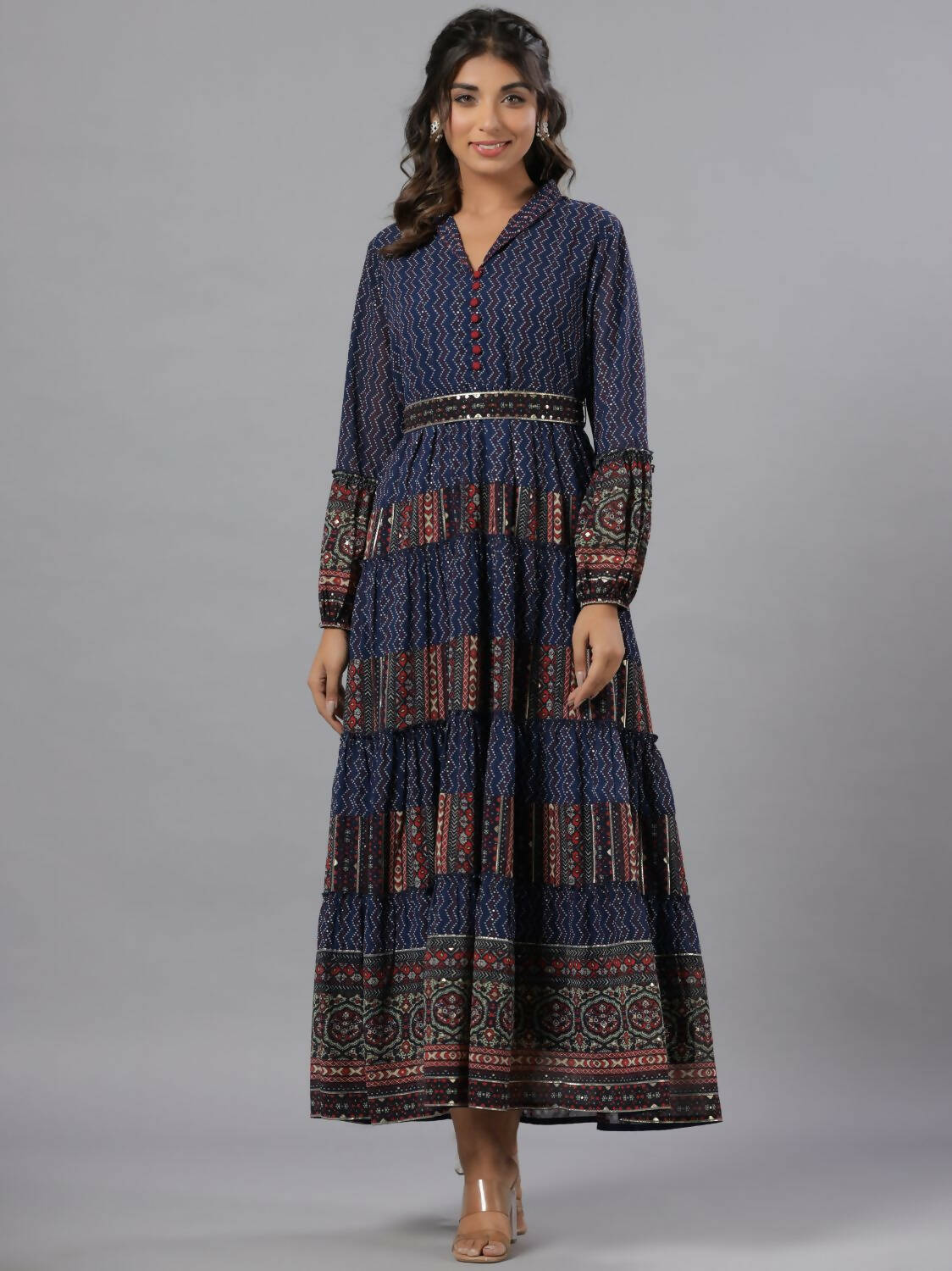 Juniper Women Navy Blue Georgette Printed Tiered Maxi Dress | Grocsy