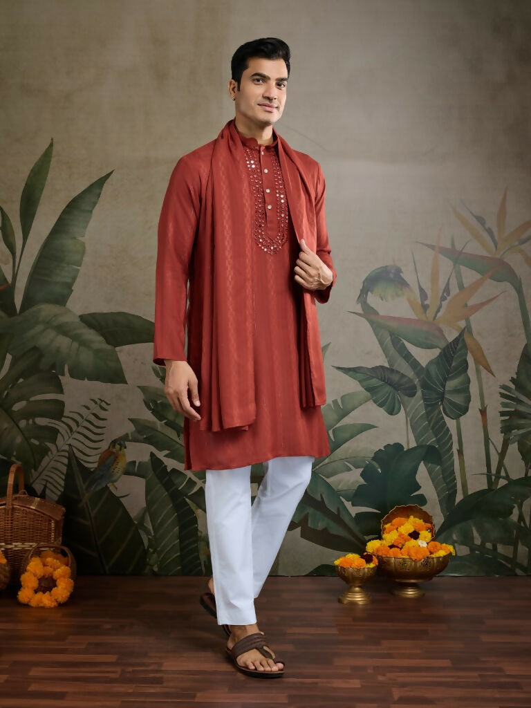Vastranavya Rust Orange Exclusive Viscose Rayon Festival Wear Real Mirror Work Kurta with Dupatta | Grocsy