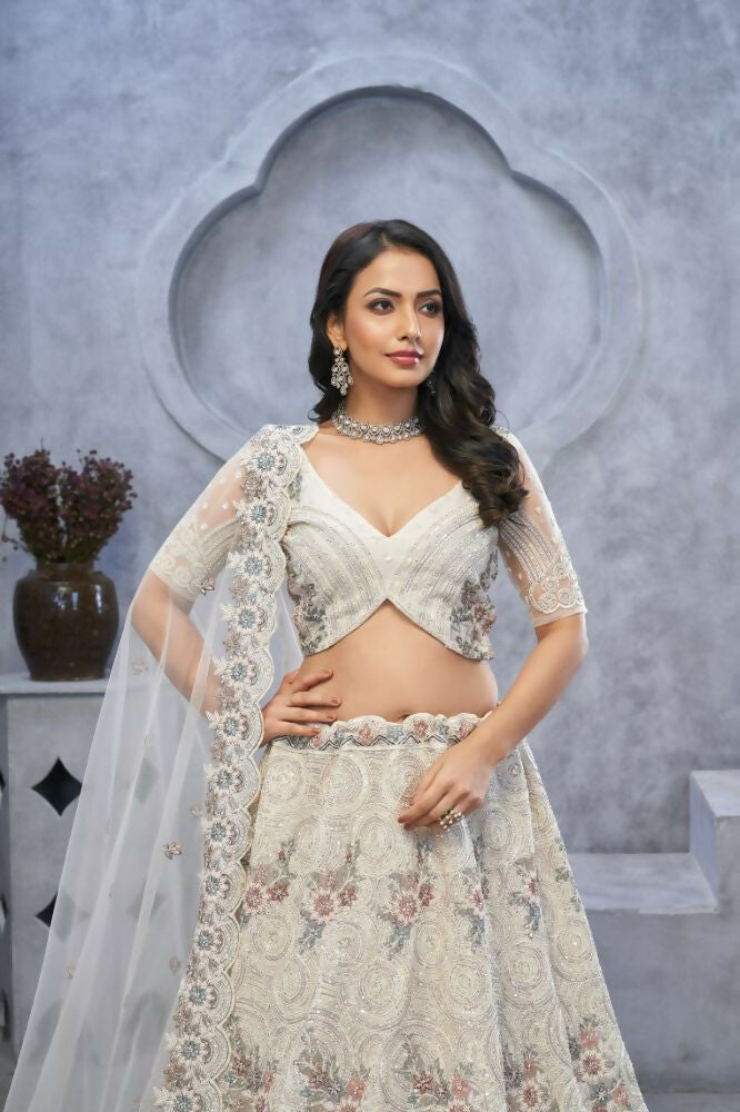 Kesar Fab Ivory Net Embroidered Lehenga | Grocsy