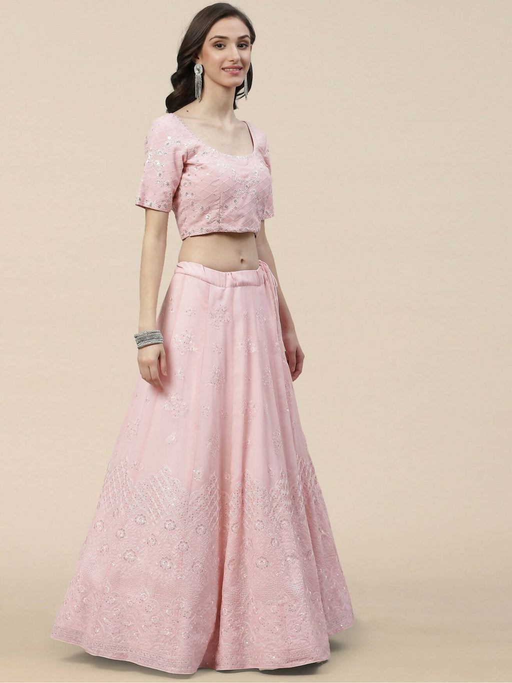 Pink Georgette Thread with Sequins Embroidered work Lehenga Choli with Dupatta - Jivika | Grocsy