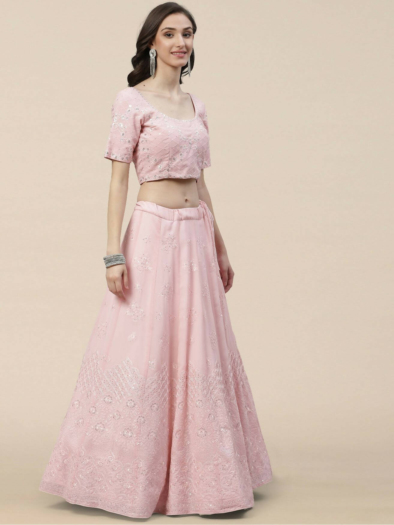 Pink Georgette Thread with Sequins Embroidered work Lehenga Choli with Dupatta - Jivika | Grocsy