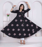Miravan Womens Cotton Floral Print Anarkali Kurta-Black | Grocsy