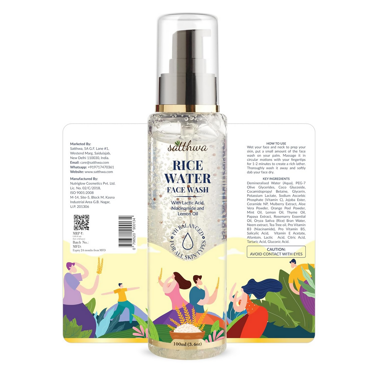 Satthwa Rice Water Face Wash With Niacinamide, Lactic Acid & 1% Salicylic Acid | Grocsy