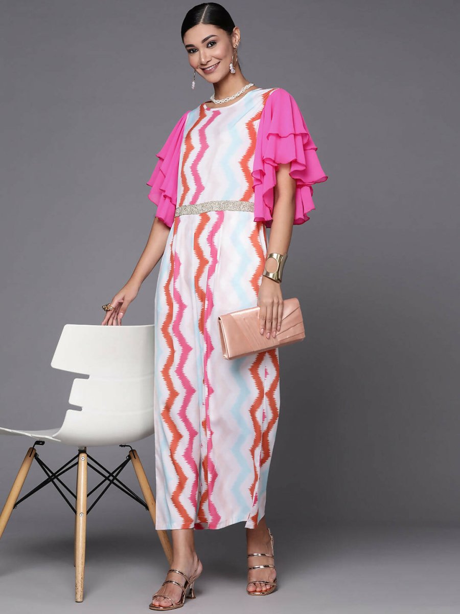 Ahalyaa White & Pink Zig Zag Striped Basic Jumpsuit | Grocsy