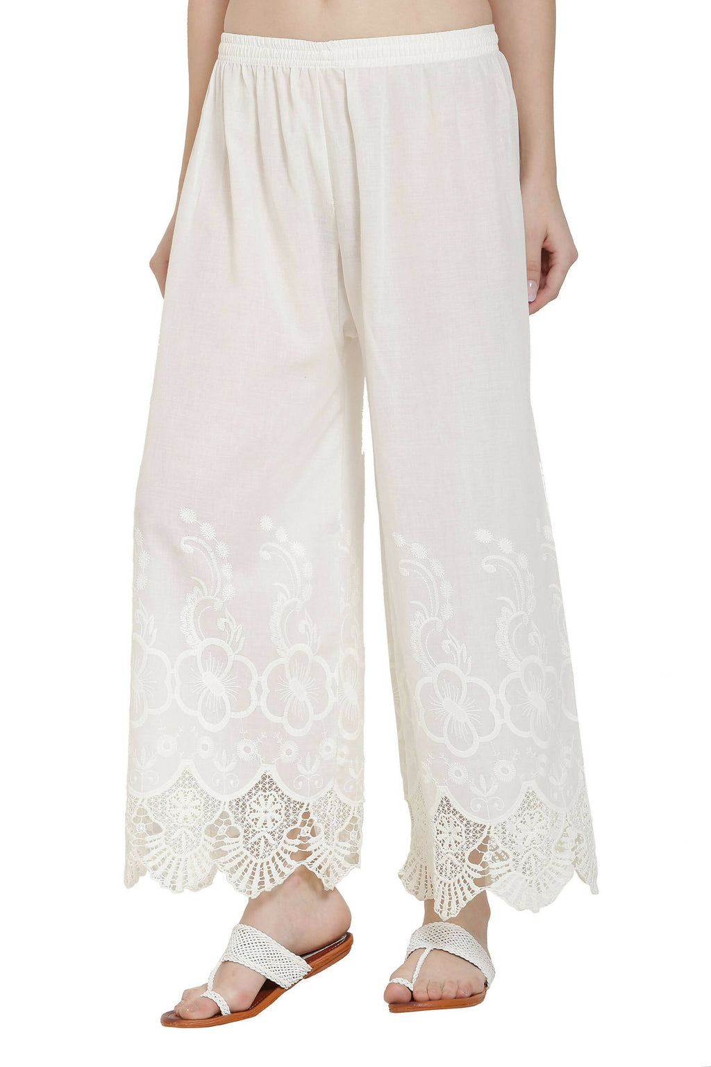 PAVONINE White Color Chikankari Lace Scalloped Hem Cotton Fabric Sharara | Grocsy