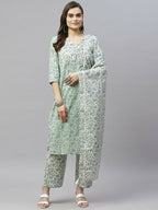 Miravan Women's Floral Printed Angrakha Pure Cotton Kurta With Palazzo & Dupatta Set | Grocsy