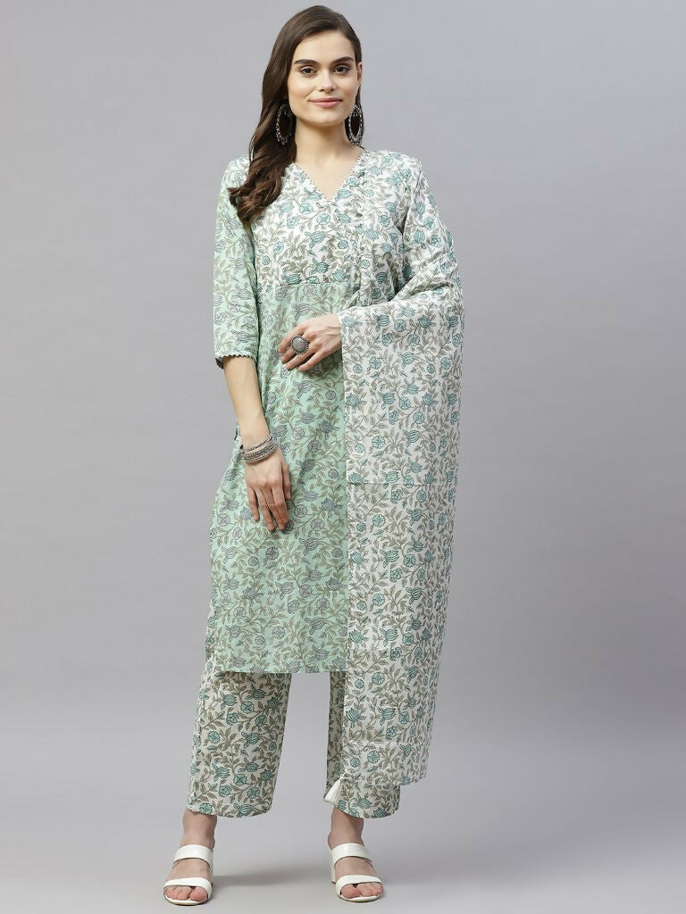 Miravan Women's Floral Printed Angrakha Pure Cotton Kurta With Palazzo & Dupatta Set | Grocsy