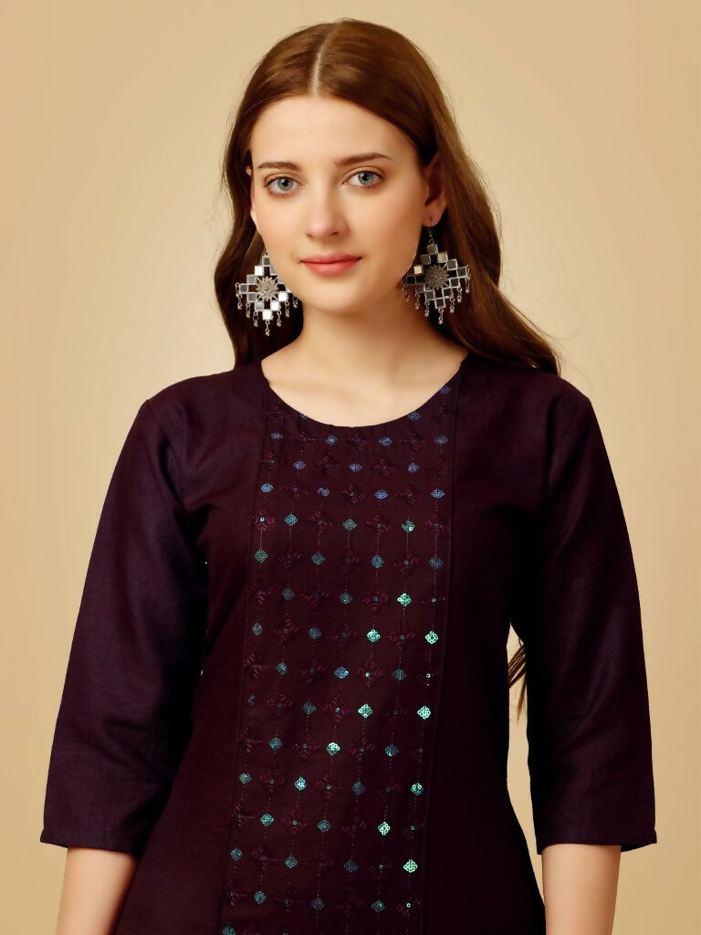 Jyoti Fashion Women's Wine Cotton Blend Embroidered Kurta Pant Set | Grocsy