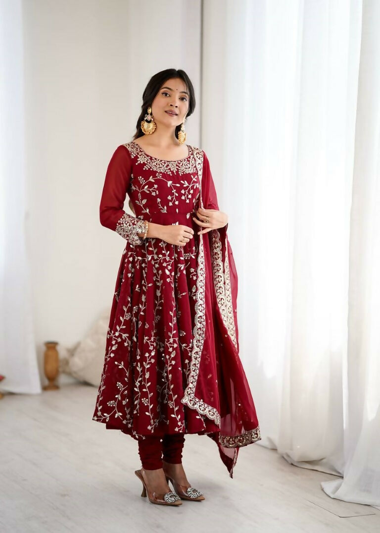 Teeya Creation Maroon Color Heavy Faux Georgette Embroidery Work Gown | Grocsy