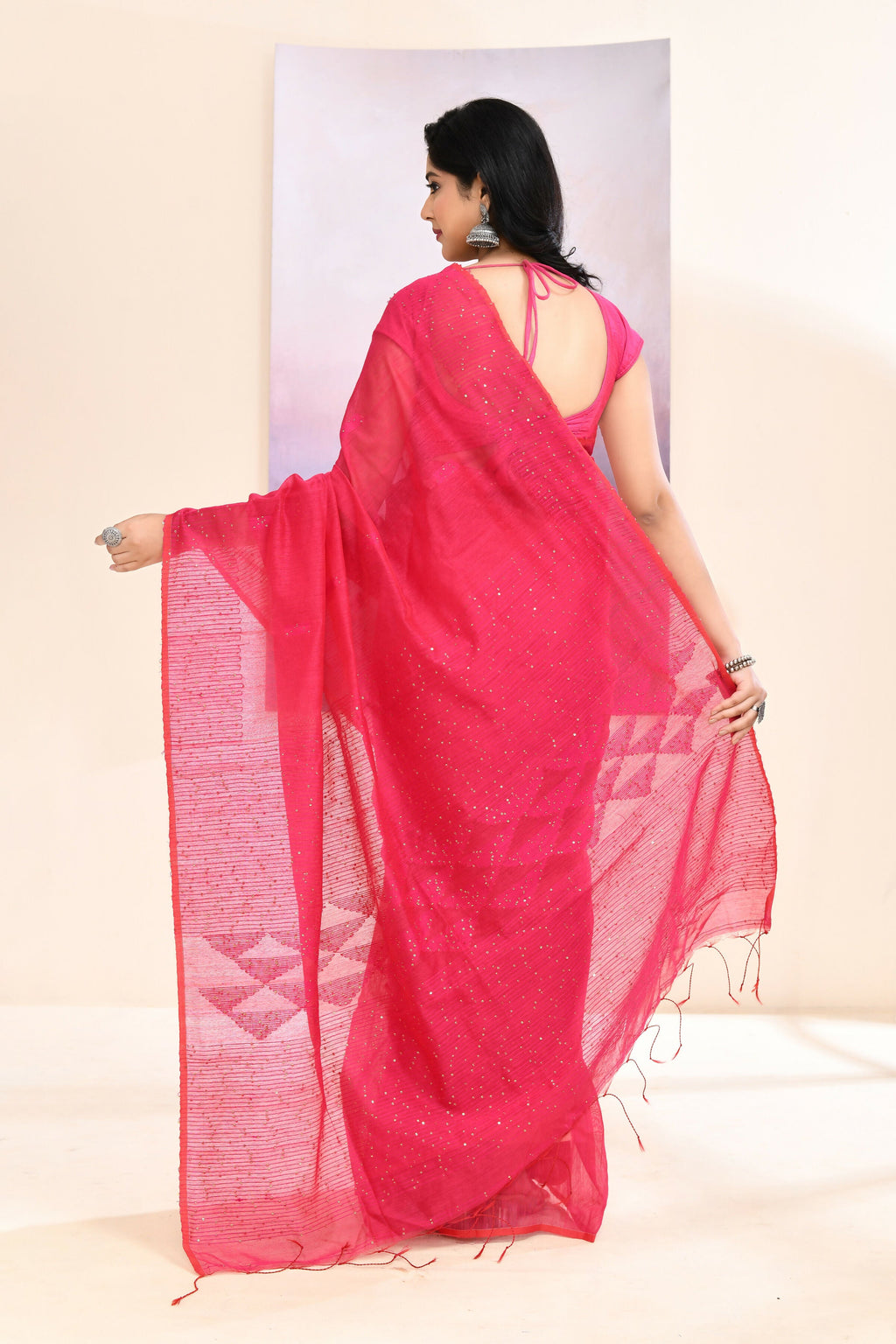 Piyari Fashion Women's Pink Self Sequins Embellished Cotton Blend Jamdani Saree | Grocsy