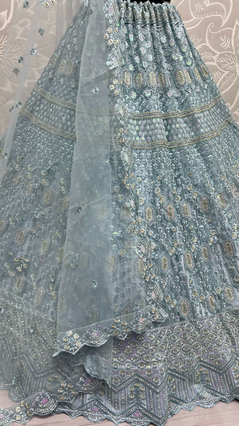 Jyoti Fashion Women's Aqua Heavy Net Fancy Dori, Multi Thread, Rainbow Sequins and Diamond Work Wedding Lehenga Choli | Grocsy