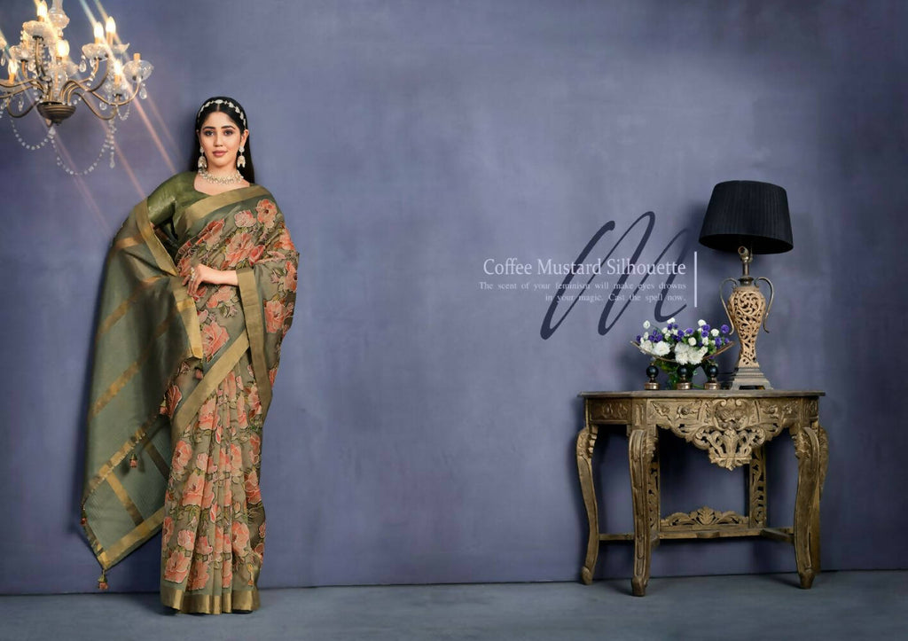 Coffee Mustard Tusser Silk Floral Printed With Embroidered Work Saree With Unstitched Blouse - Mohmanthan Aahana | Grocsy