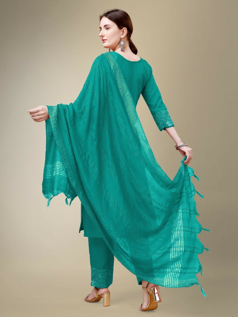 Jyoti Fashion Women's Rama Cotton Blend Embroidery & Fancy Lace work Kurta with Trouser & Dupatta | Grocsy