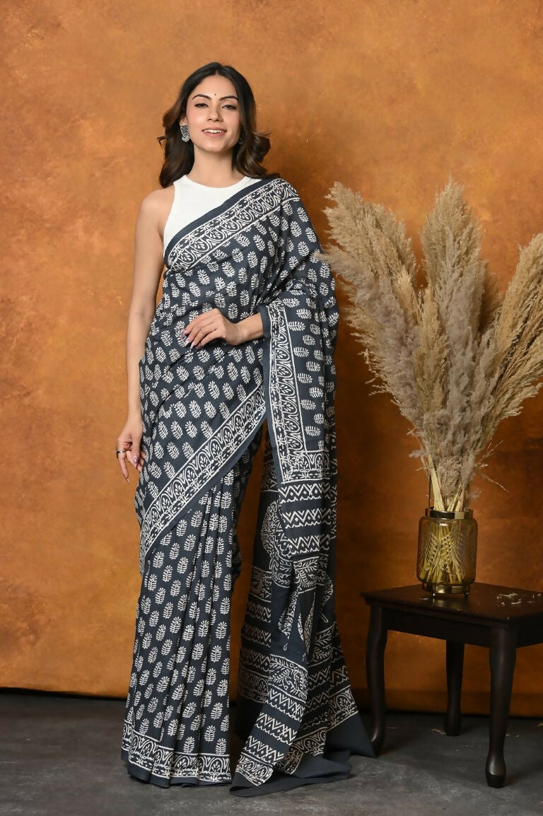 Very Much Indian Handblock Printed Cotton Saree With Natural Dyes - Black White | Grocsy