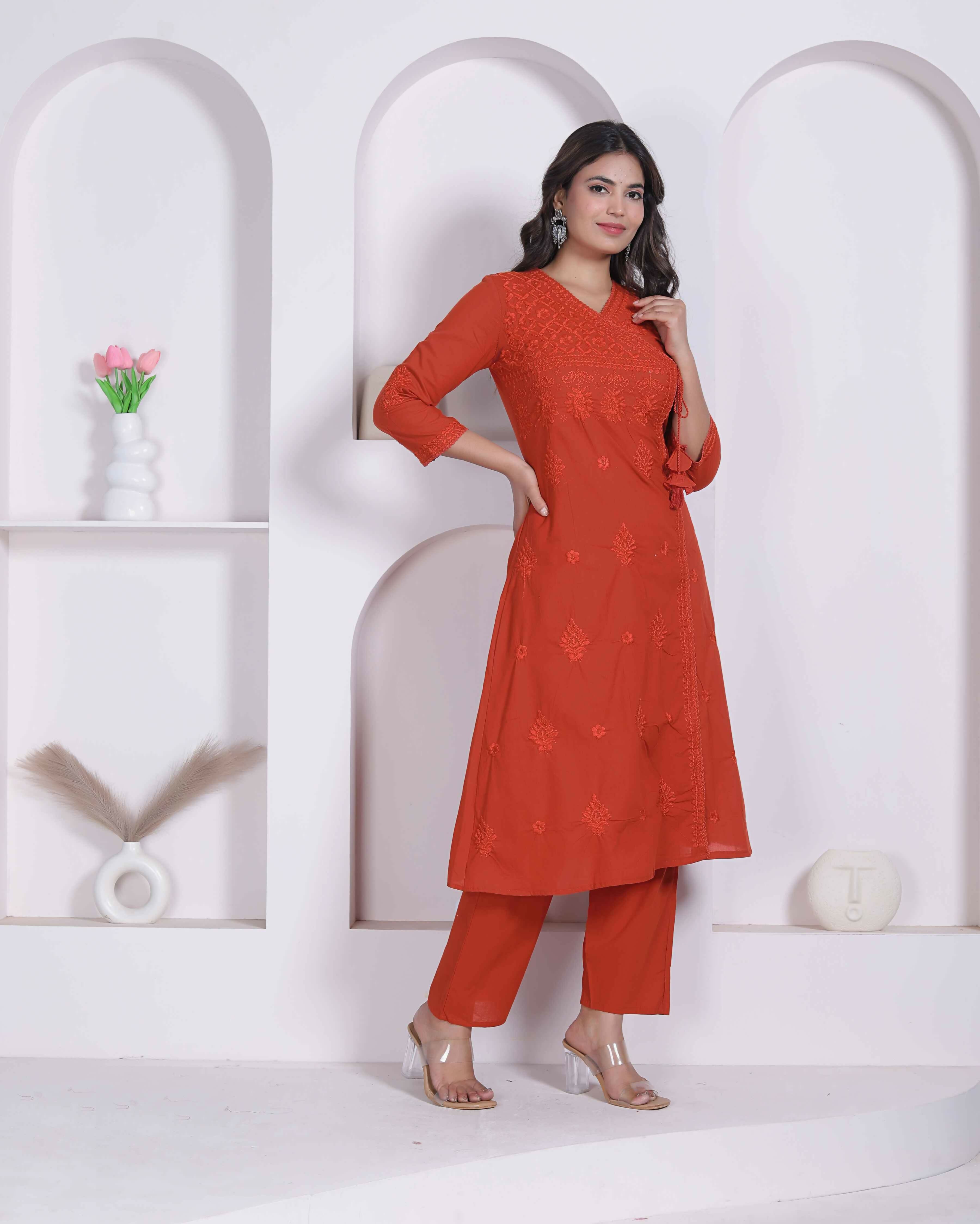 Miravan Womens Rust Floral Printed Angrakha Style Kurta With Palazzo | Grocsy