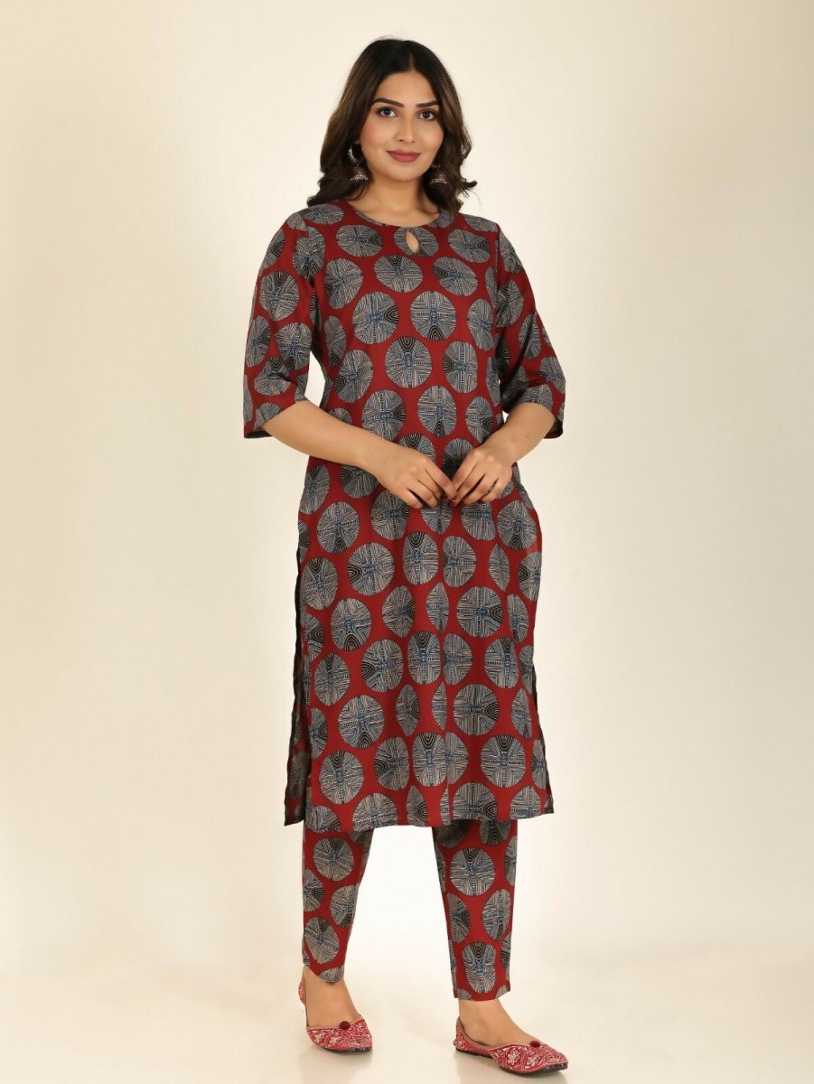 Aramya Red Soft Cotton Abstract Print Straight Kurta Palazzo Set for Women | Grocsy