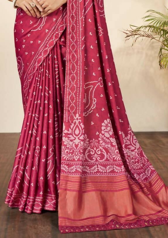 Pink Gajji Silk Bandhani Print with Mirror hand work Saree - Norita Nirvi | Grocsy