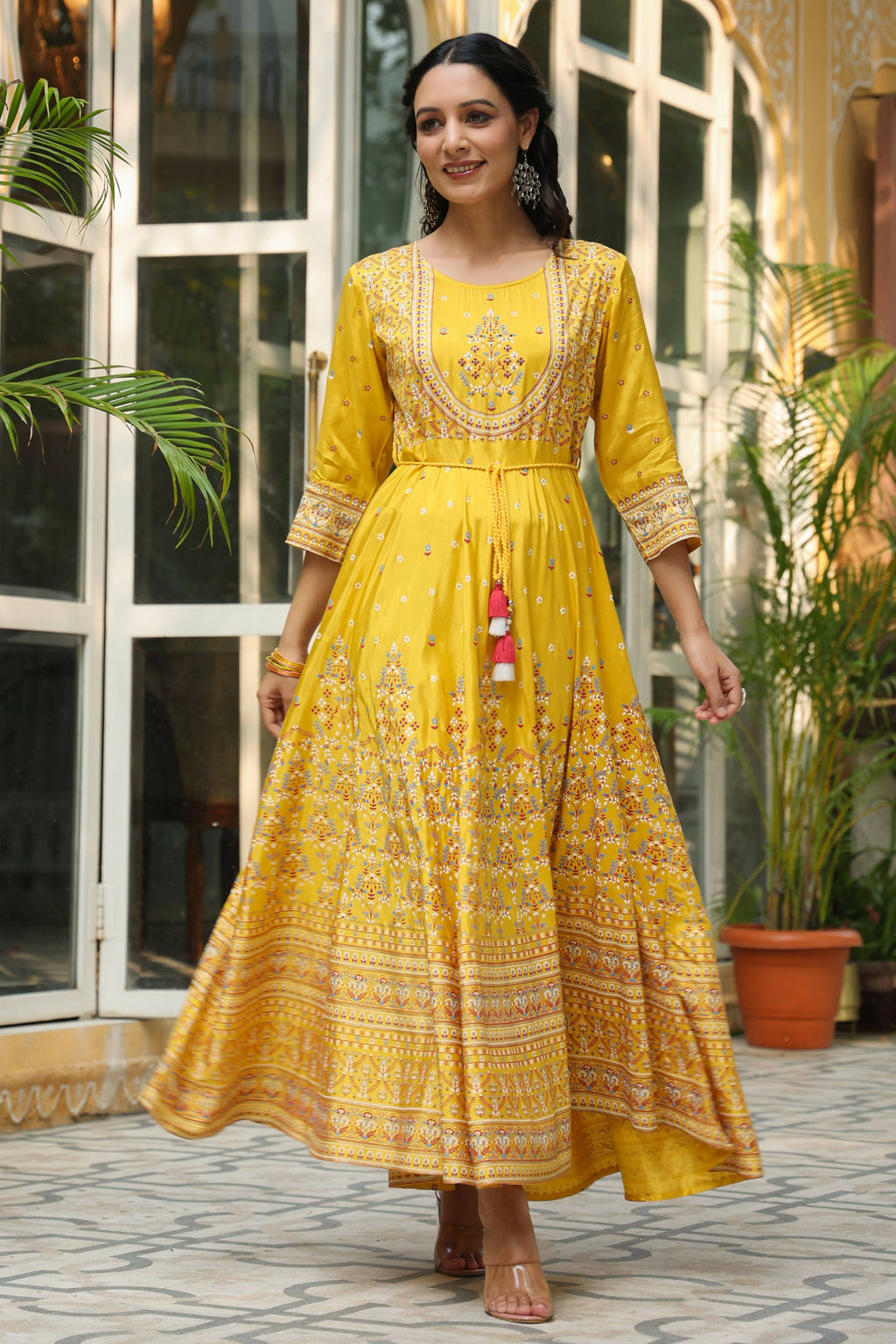 Juniper Women's Mustard Viscose Shantoon Festive Printed Flared Dress | Grocsy