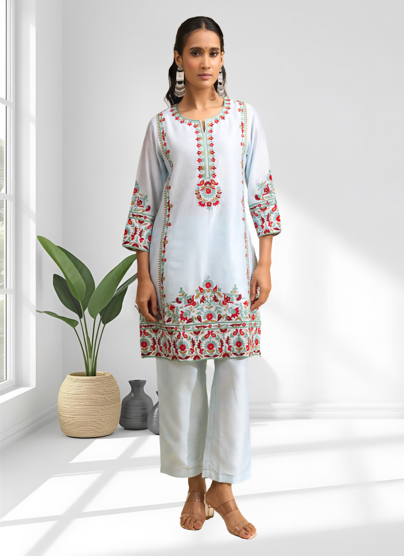 Joban Fashion Sky Blue Silk Embroidered Readymade Long Kurta With Pant | Grocsy