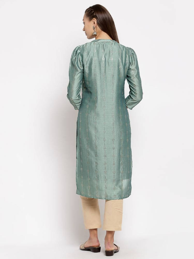 Myshka Women's Green Silk Solid Full Sleeve Round Neck Casual Kurta | Grocsy